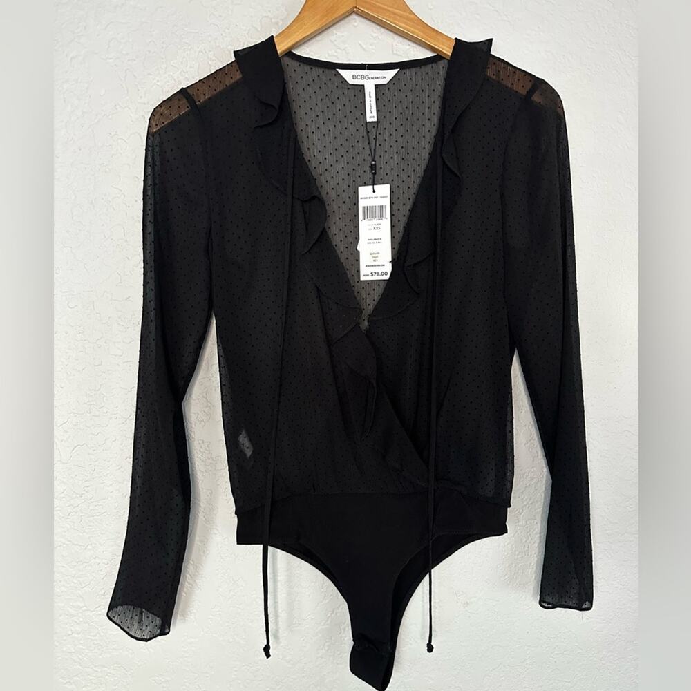 NEW Sheer Black Polka Dot Long Sleeve Bodysuit Ruffle Cocktail Party Holiday